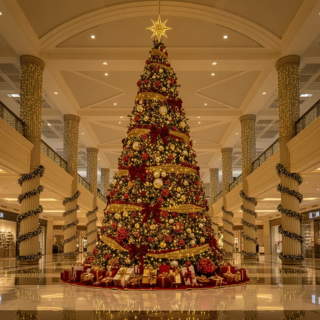 Árbol de Navidad decorado con regalos en la base