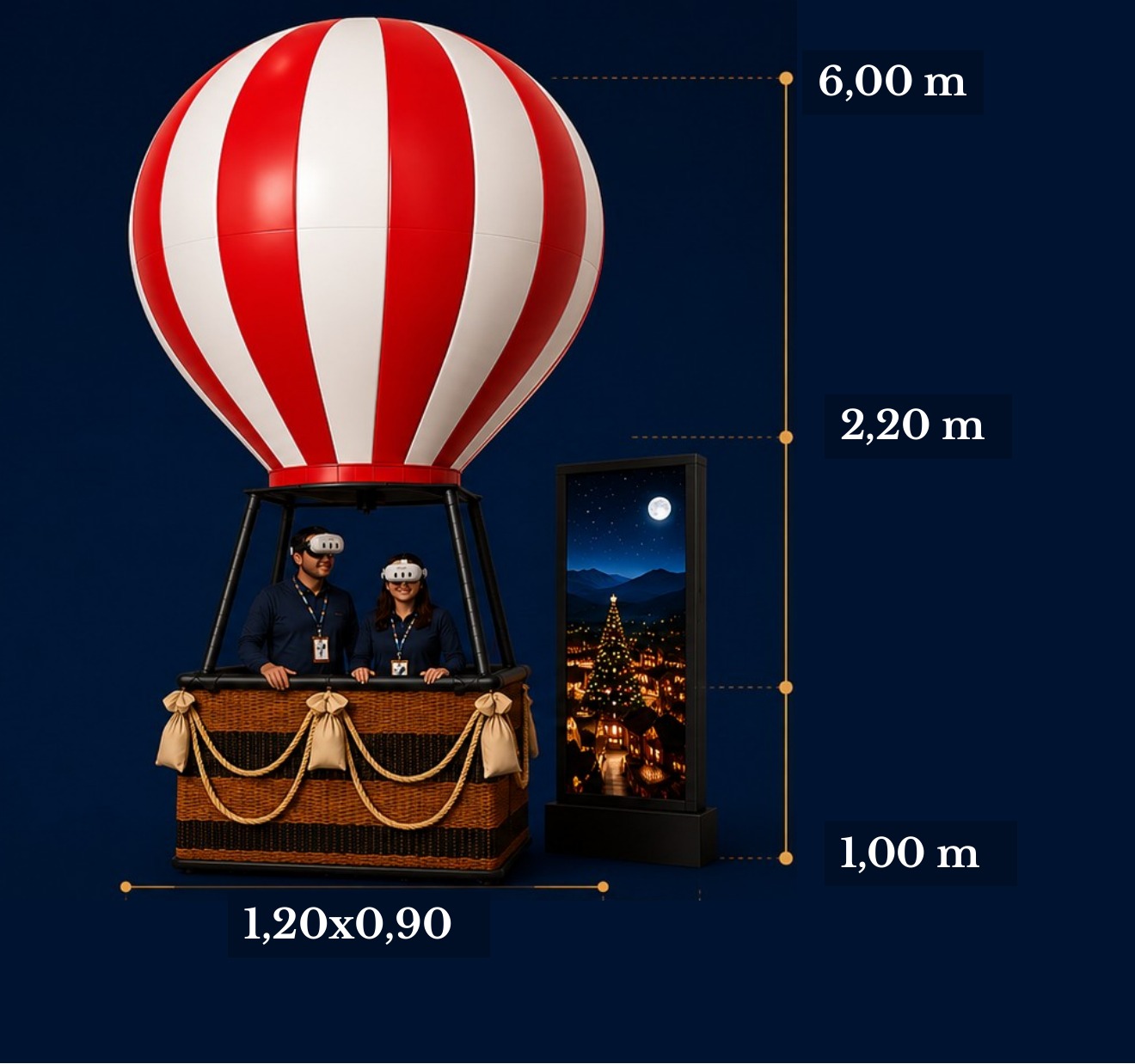 Diagrama del globo con las medidas: 6 metros de altura total, canasta de 1,20 por 0,90 m, panel de seguimiento de 2,20 m sobre base de 1 m