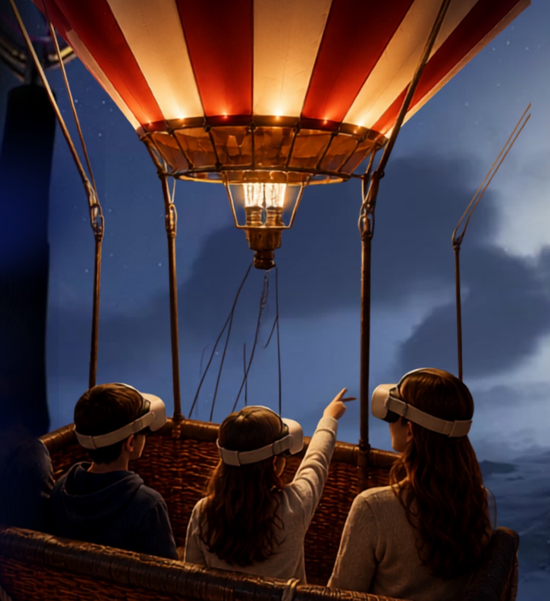 Familia con lentes de realidad virtual dentro de la canasta del globo