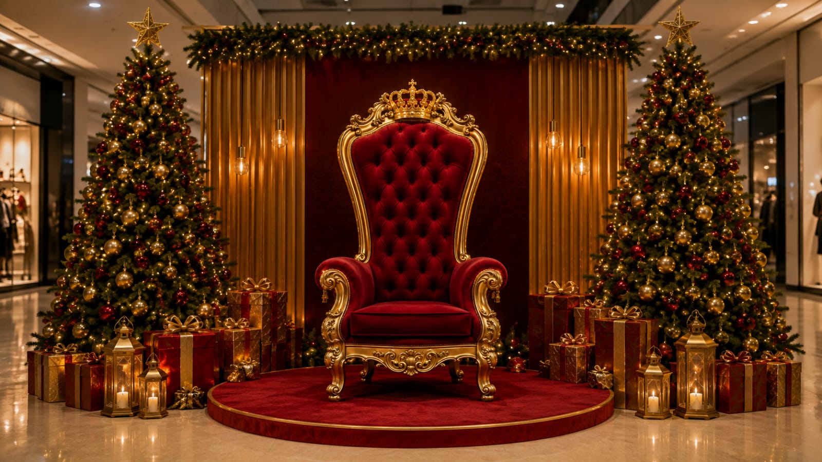 Espacio de Papá Noel con trono rojo y dorado